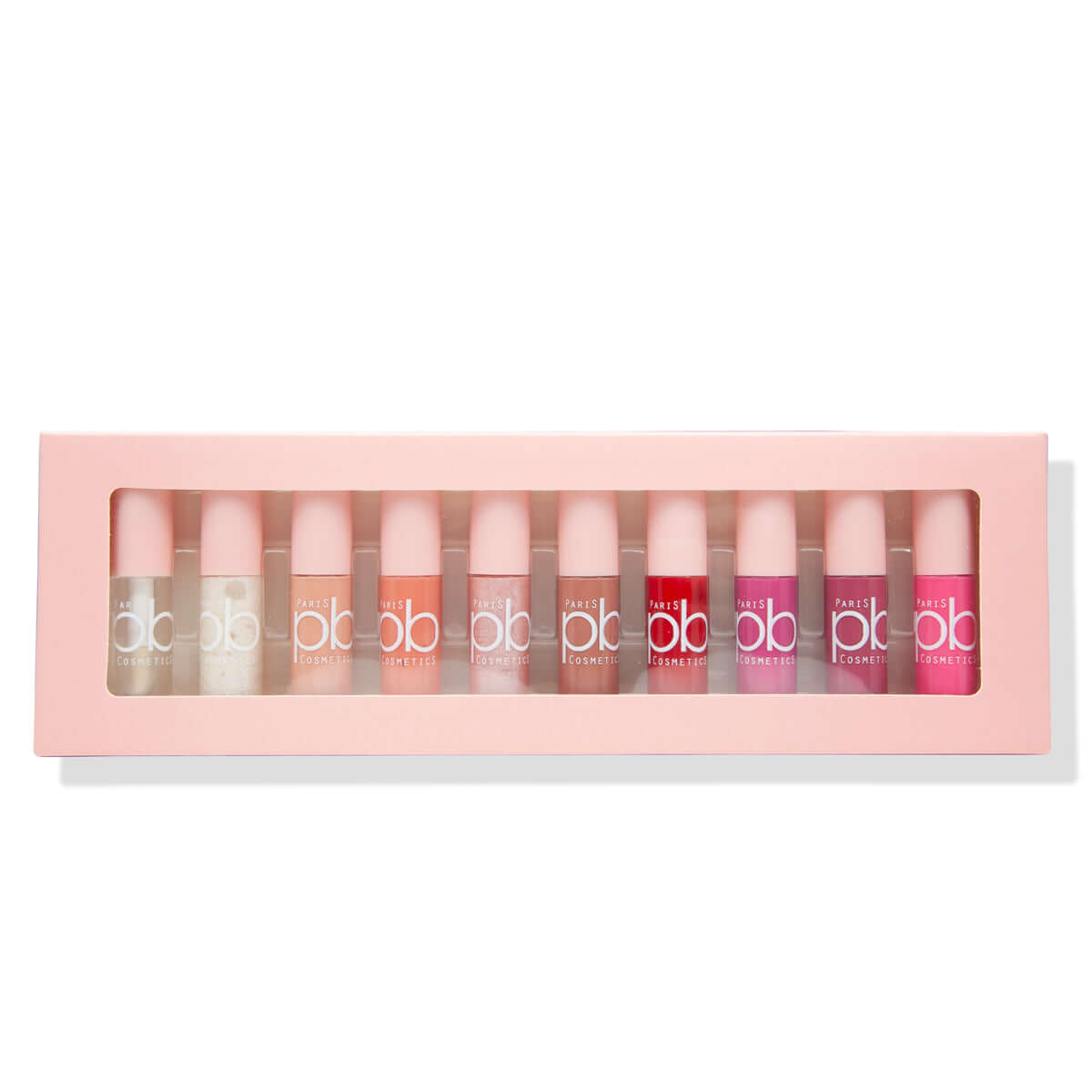 une étagère de Coffret 10 Mini Gloss | Polyvalence de Teintes | Guadeloupe Cosmetics collection sur fond blanc