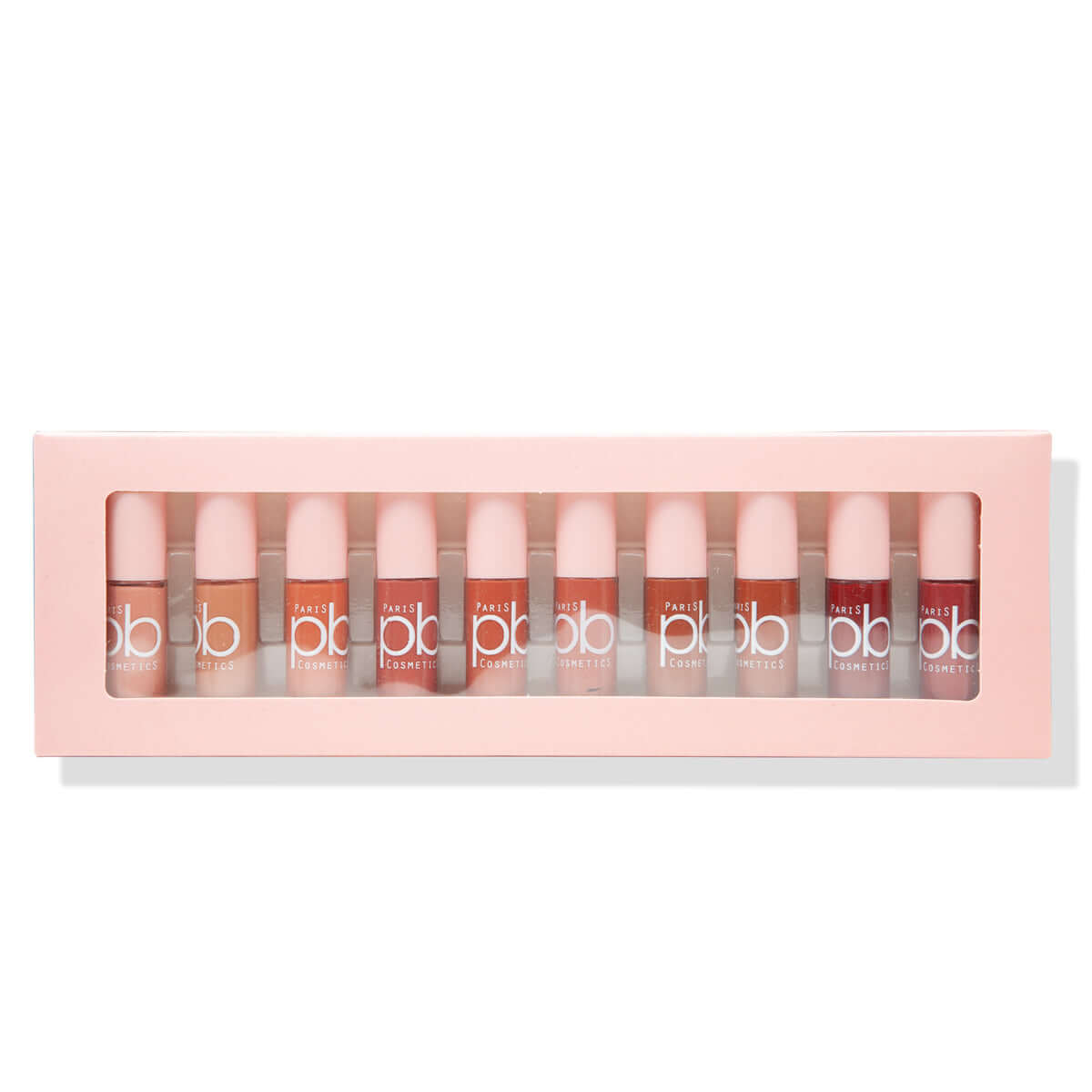 une collection d'étagères de Coffret 10 Mini Encres à Lèvres | Large Choix de Teintes | Guadeloupe Cosmetics sur fond blanc